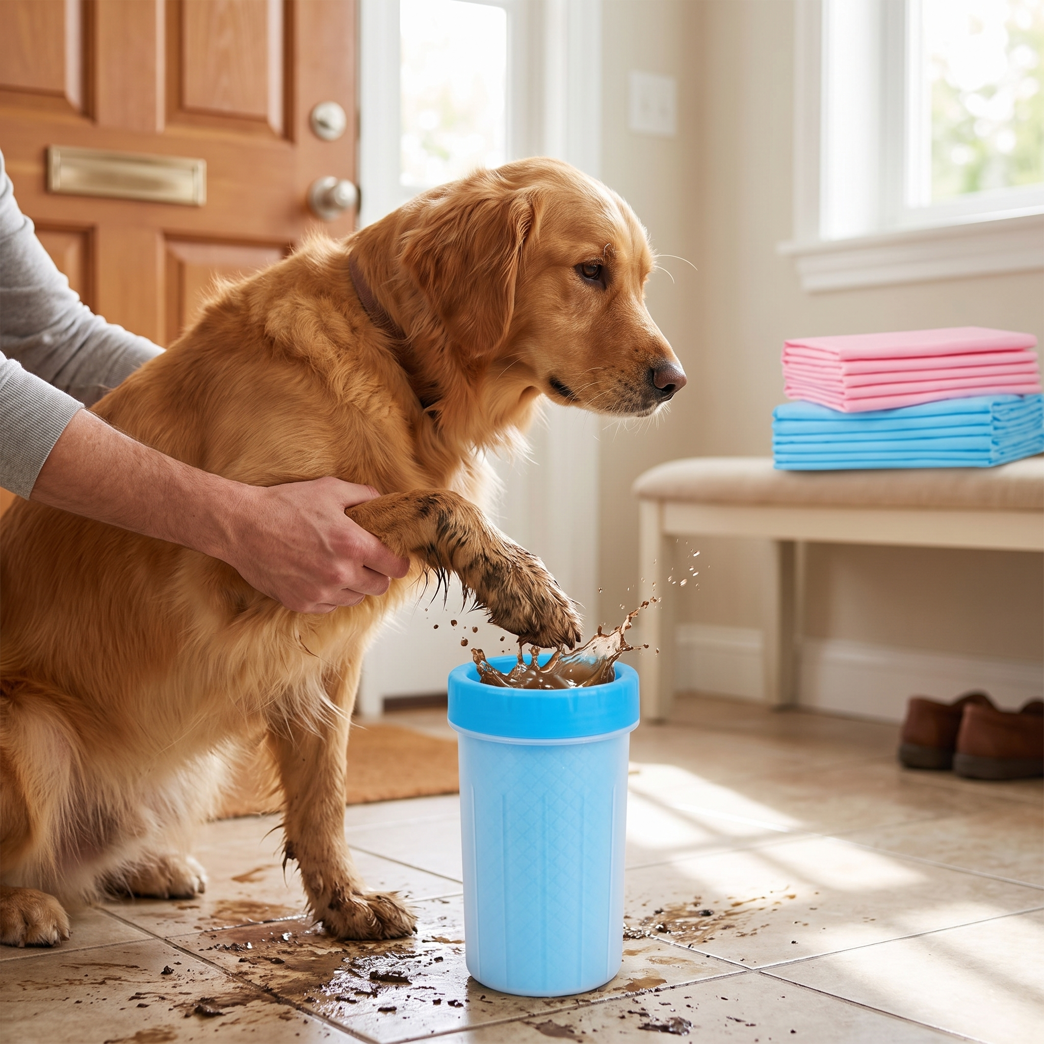 Dog paw cleaner cup washing a muddy paw