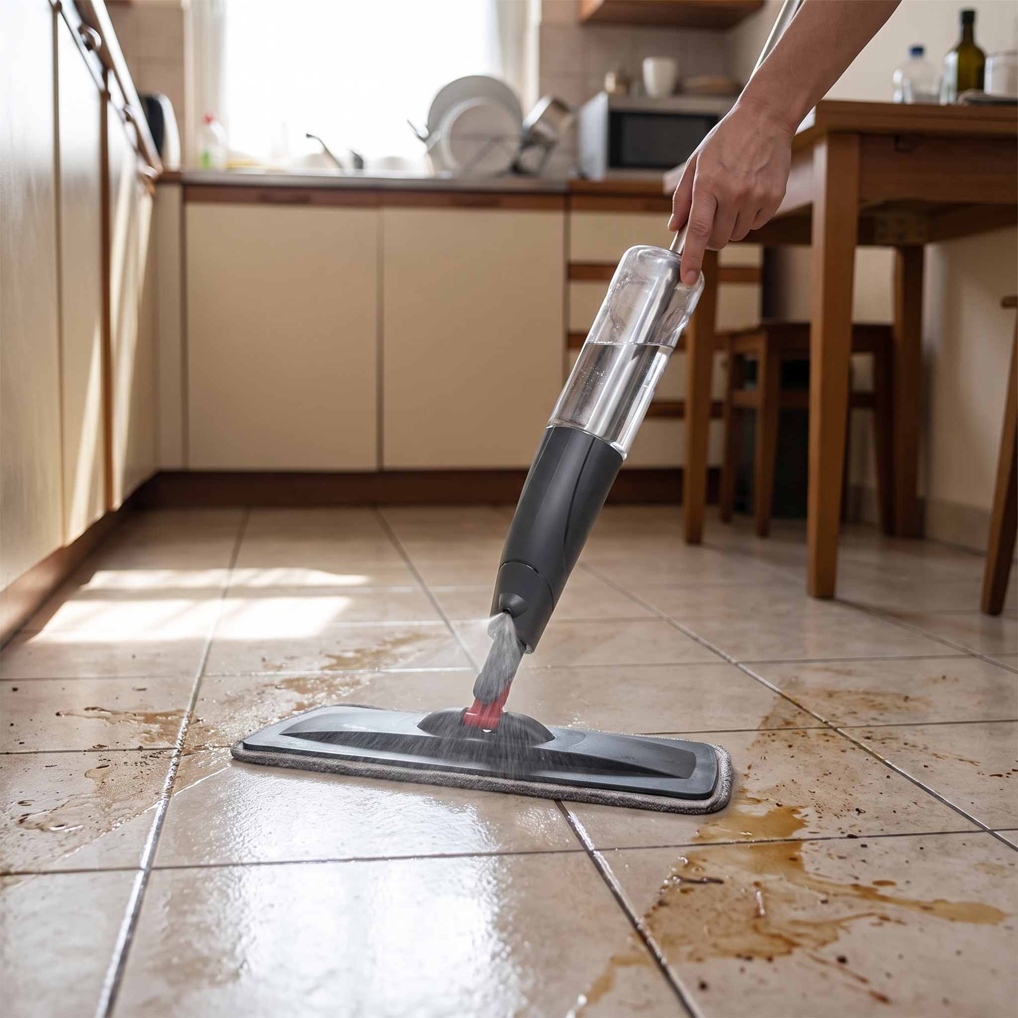 Flat squeeze mop cleaning a kitchen floor