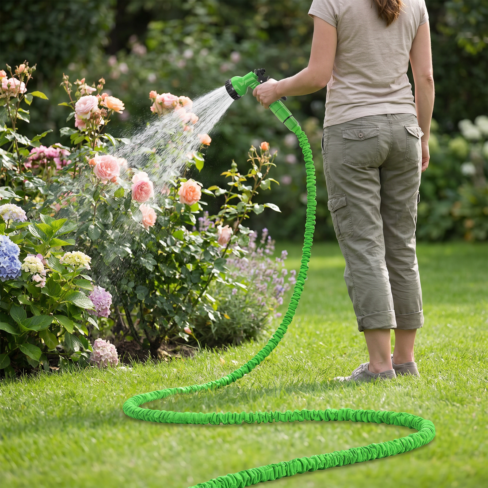 Expandable garden hose watering a flower bed