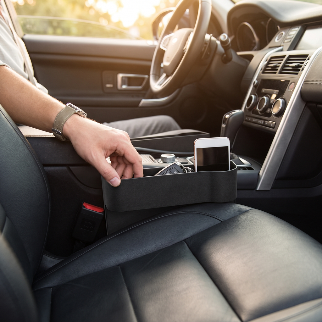 Person sliding the car seat gap filler into the seat gap so items stop falling through
