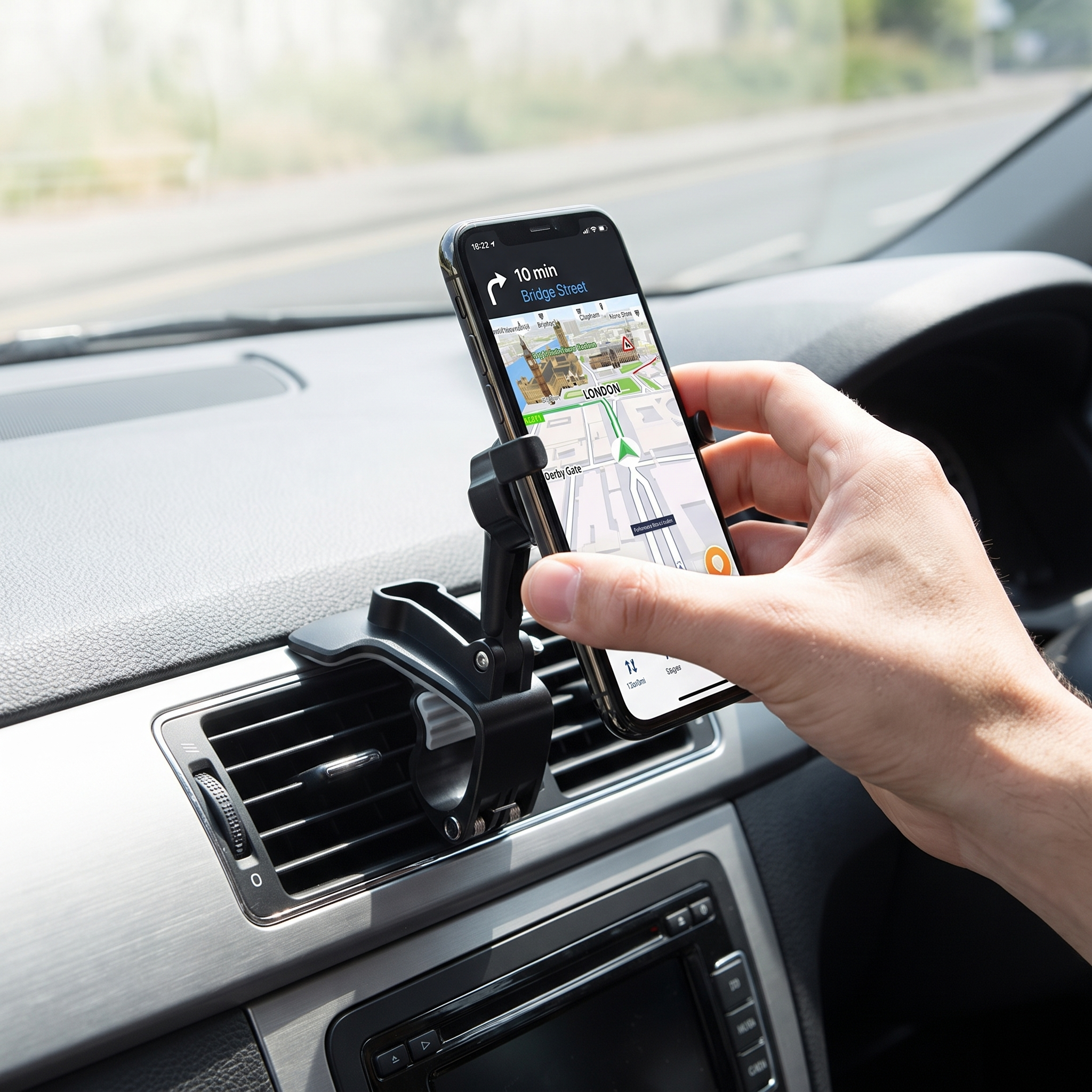 Driver snapping a phone onto the magnetic car vent mount for hands-free navigation