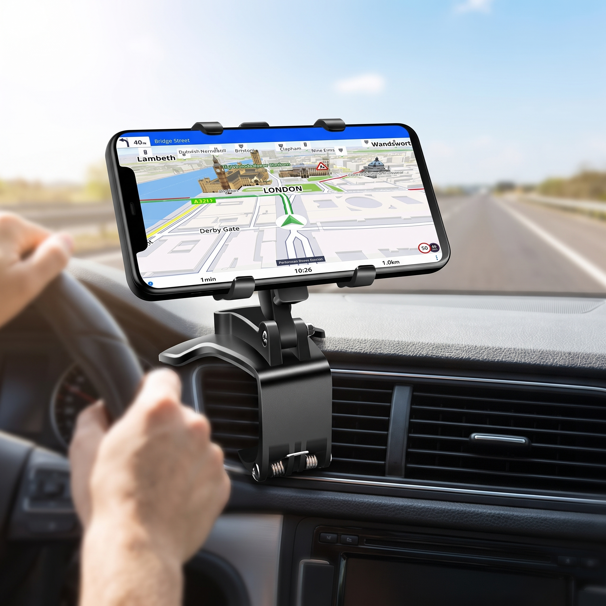 Magnetic car phone mount holding a phone showing GPS while driving