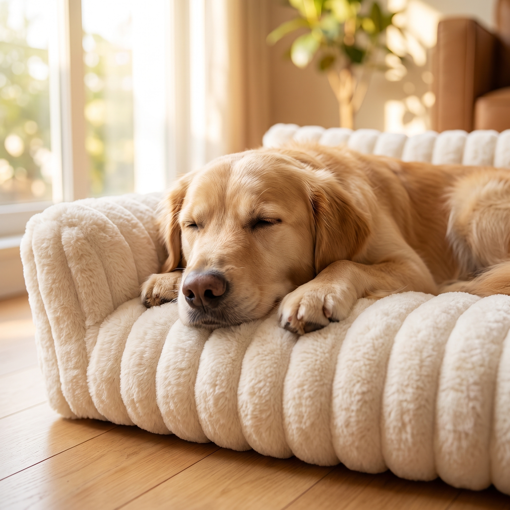 Dog resting its head on the cooling gel mat on a warm day