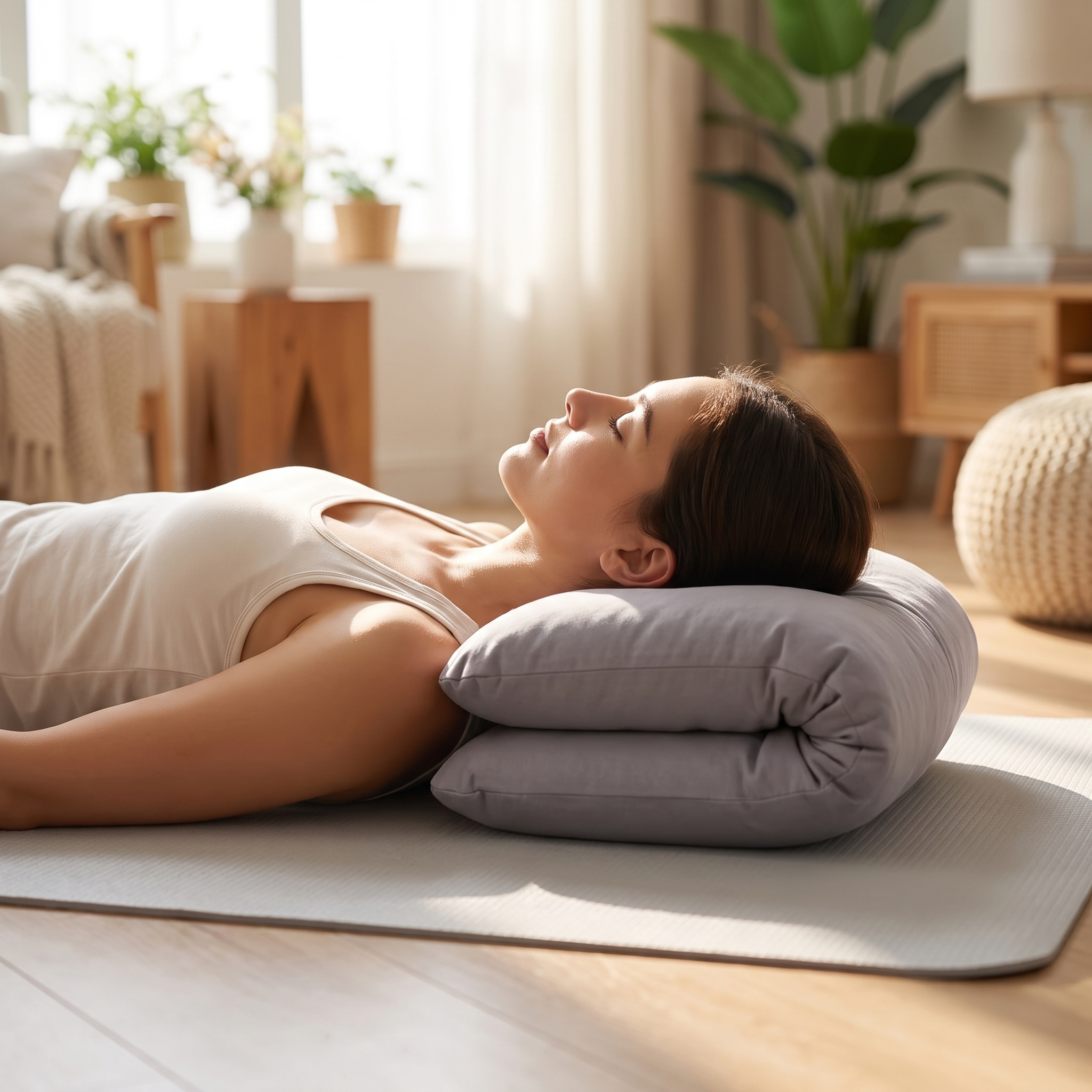 Person relaxing with neck resting on the cervical neck stretcher to relieve tension
