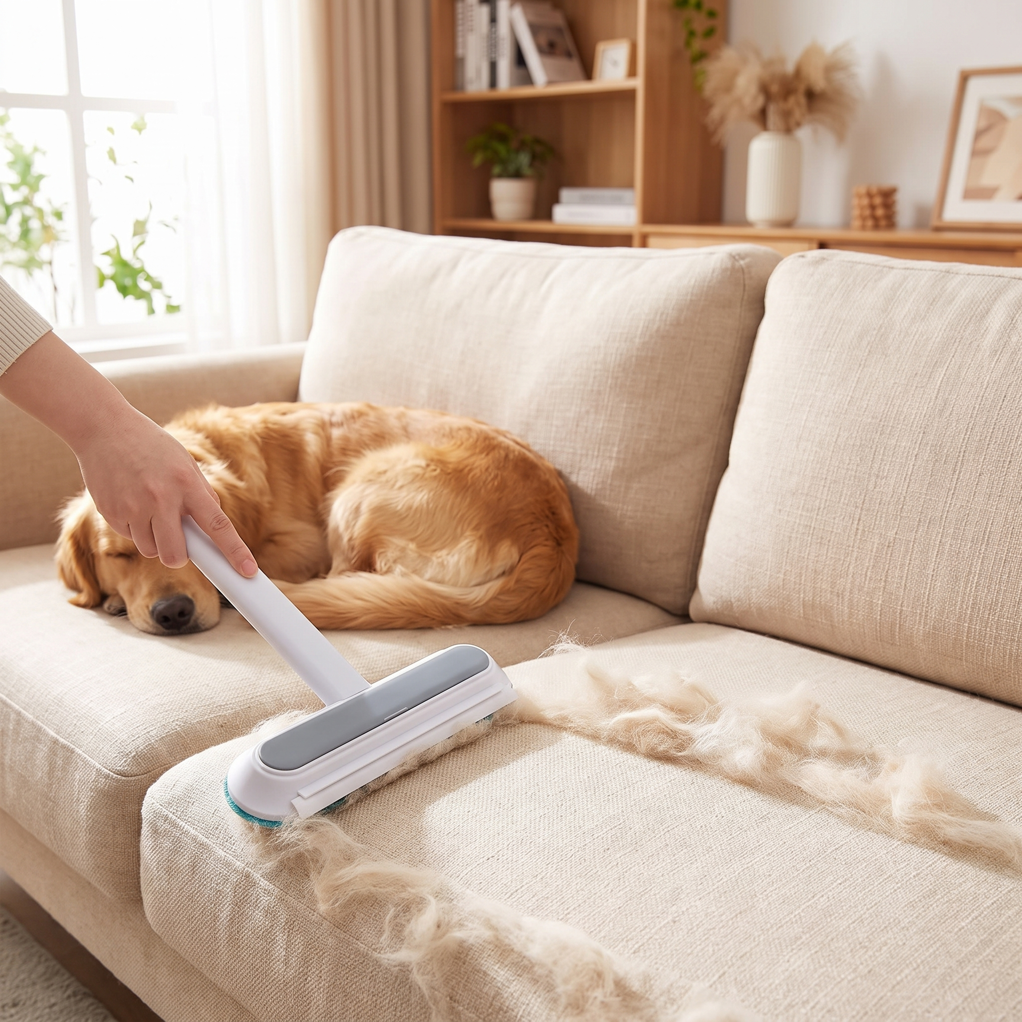 Person rolling the reusable pet hair remover across a sofa to lift pet hair