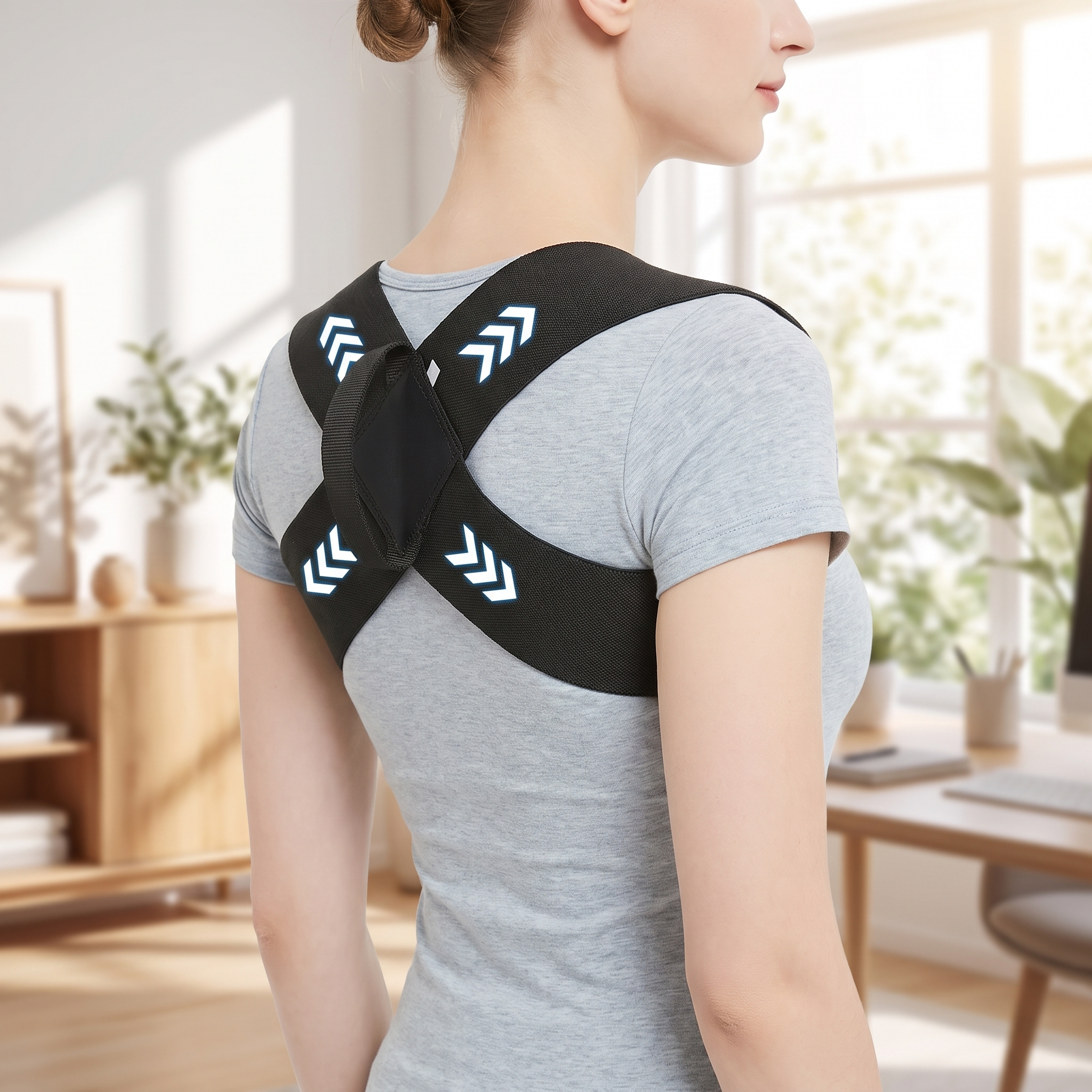 Person wearing the posture corrector standing with improved posture