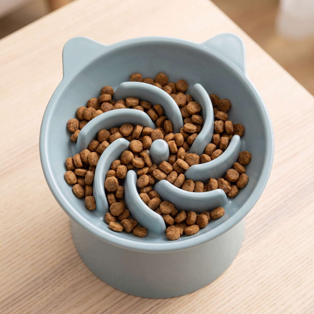 Top-down view of slow feeder bowl filled with kibble