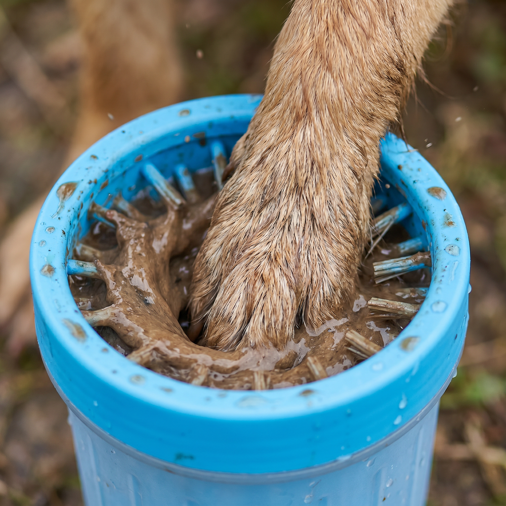 Close-up of a muddy dog paw being cleaned in the cup
