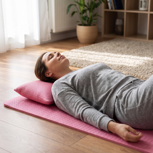 Person relaxing on the acupressure mat to relieve back and neck tension