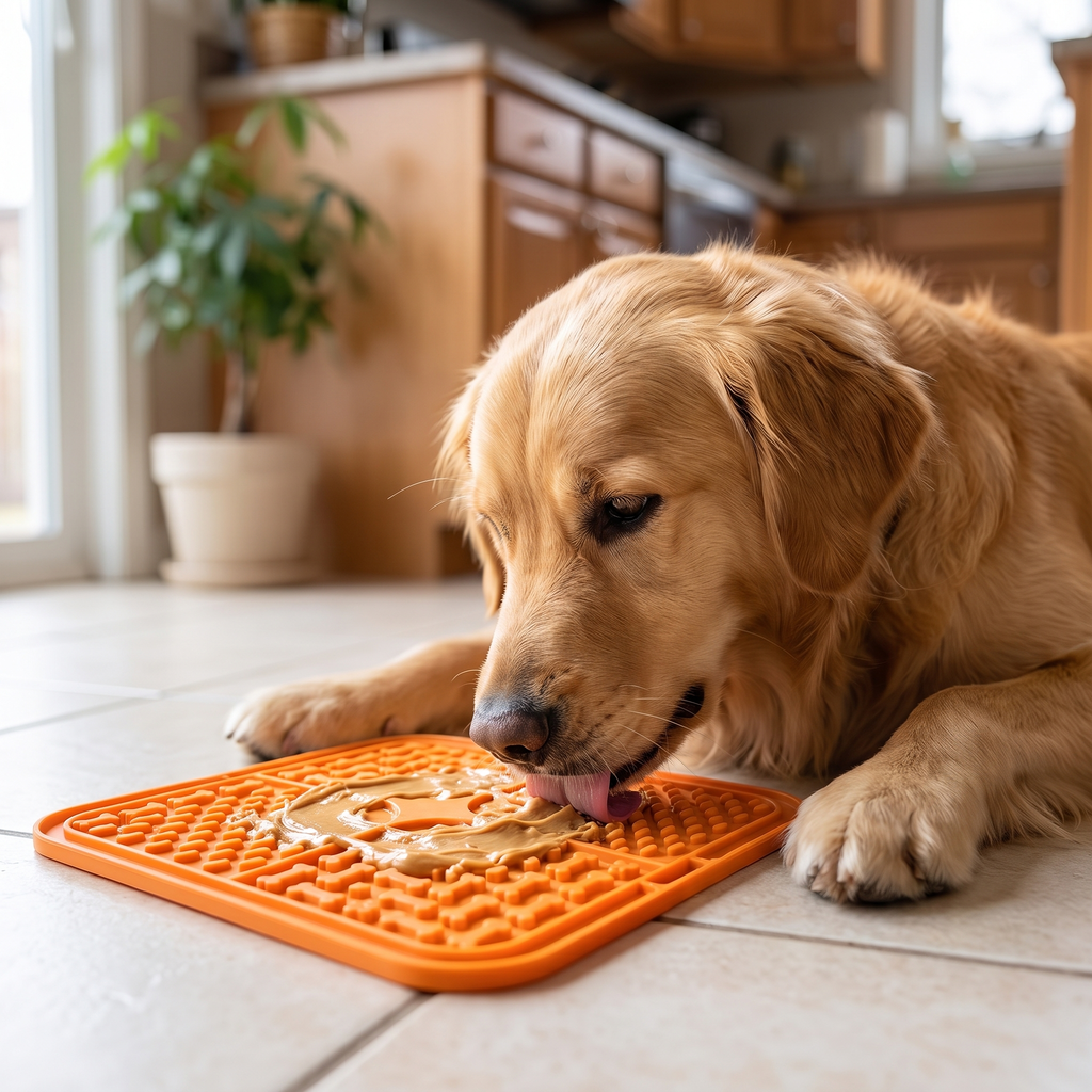 Dog calmly licking food paste from the suction lick mat