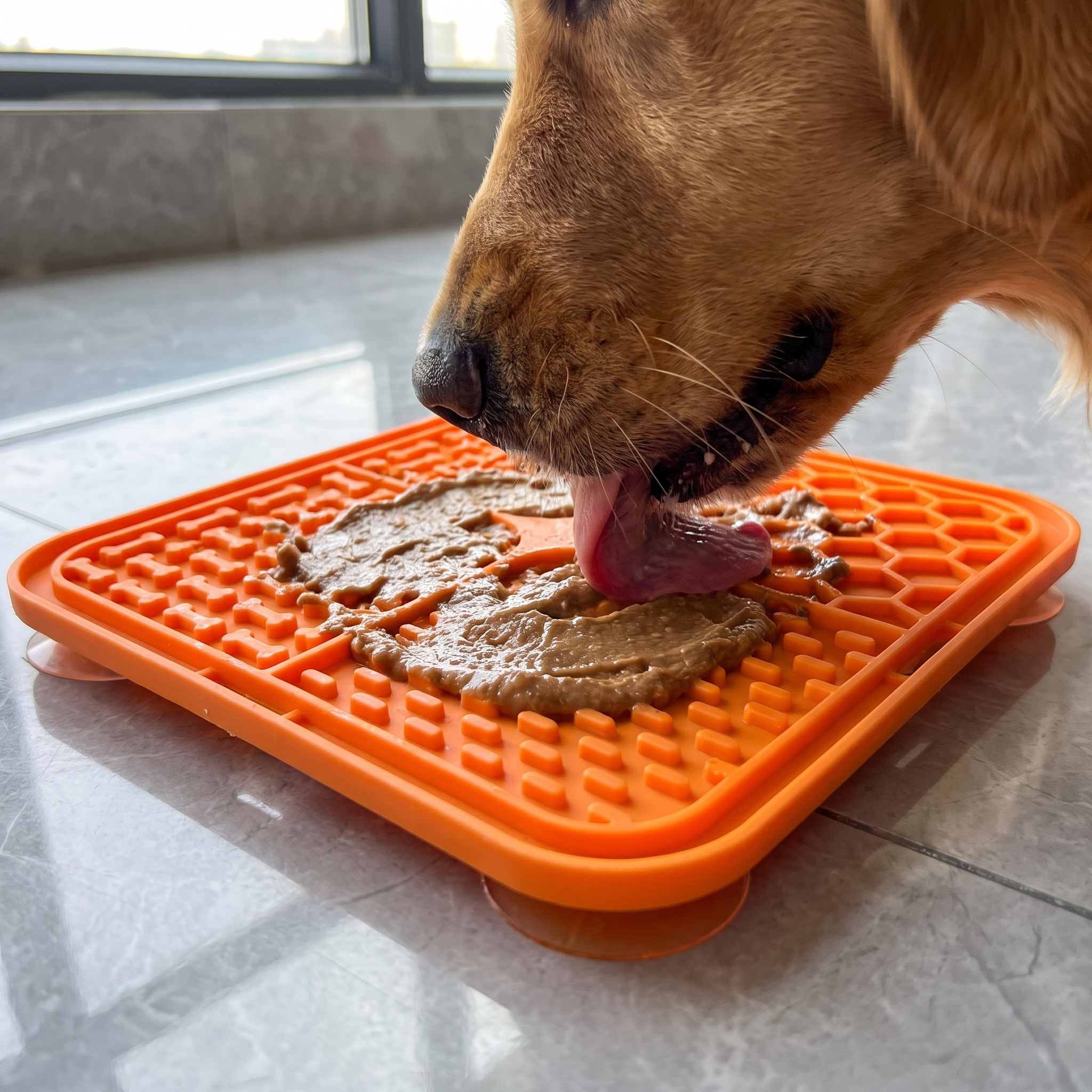 Close-up of dog licking food paste off the textured lick mat
