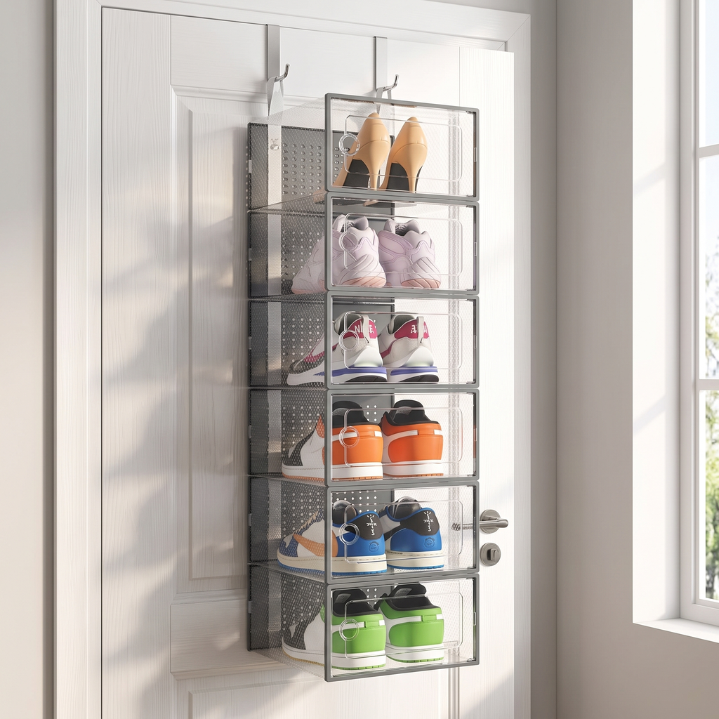 Over-door shoe organizer pockets filled with shoes