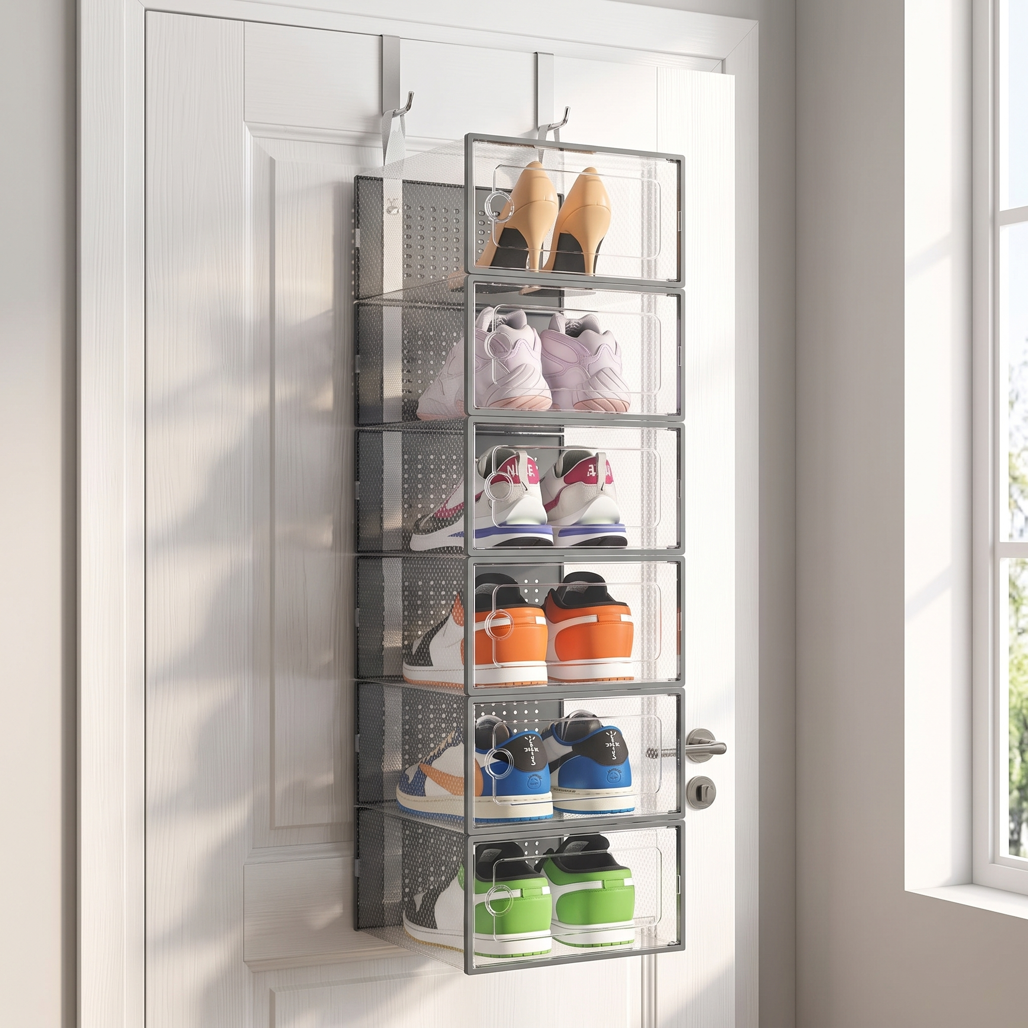 Over-door shoe organizer pockets filled with shoes