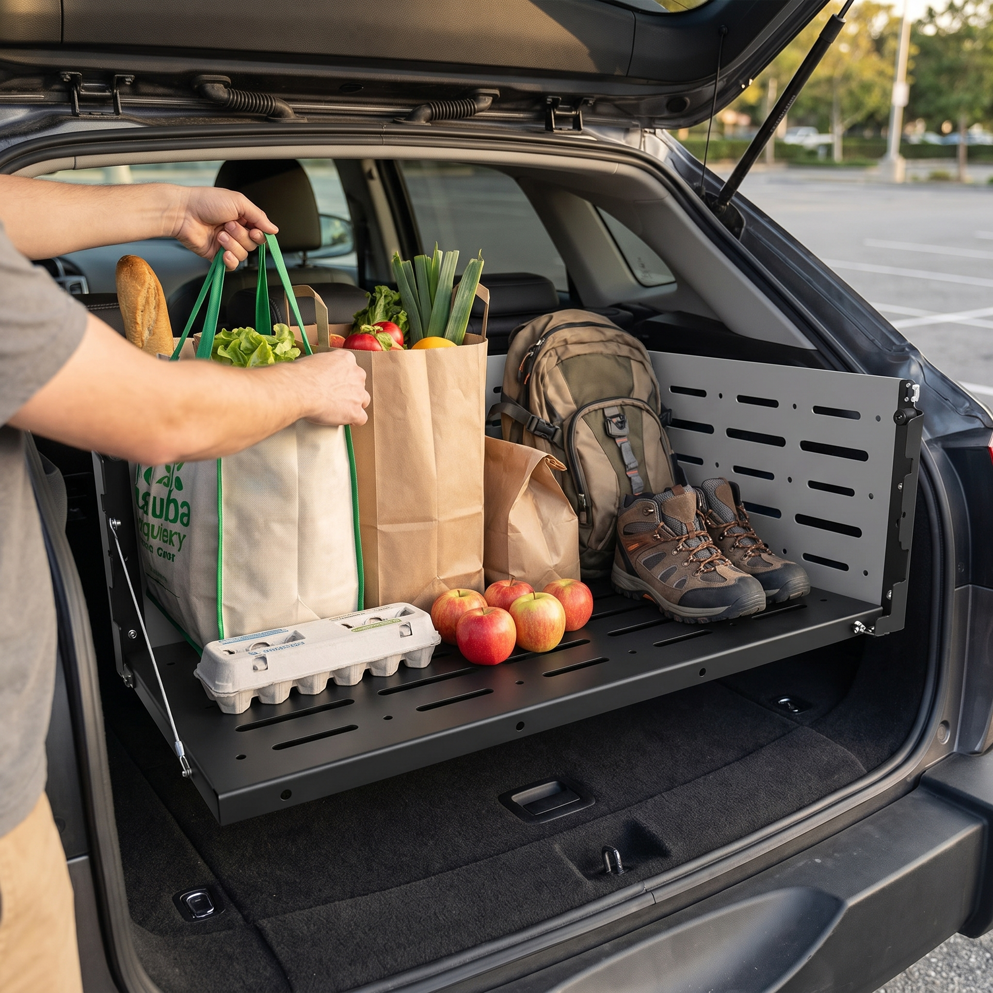 Person loading groceries into the collapsible car trunk organizer