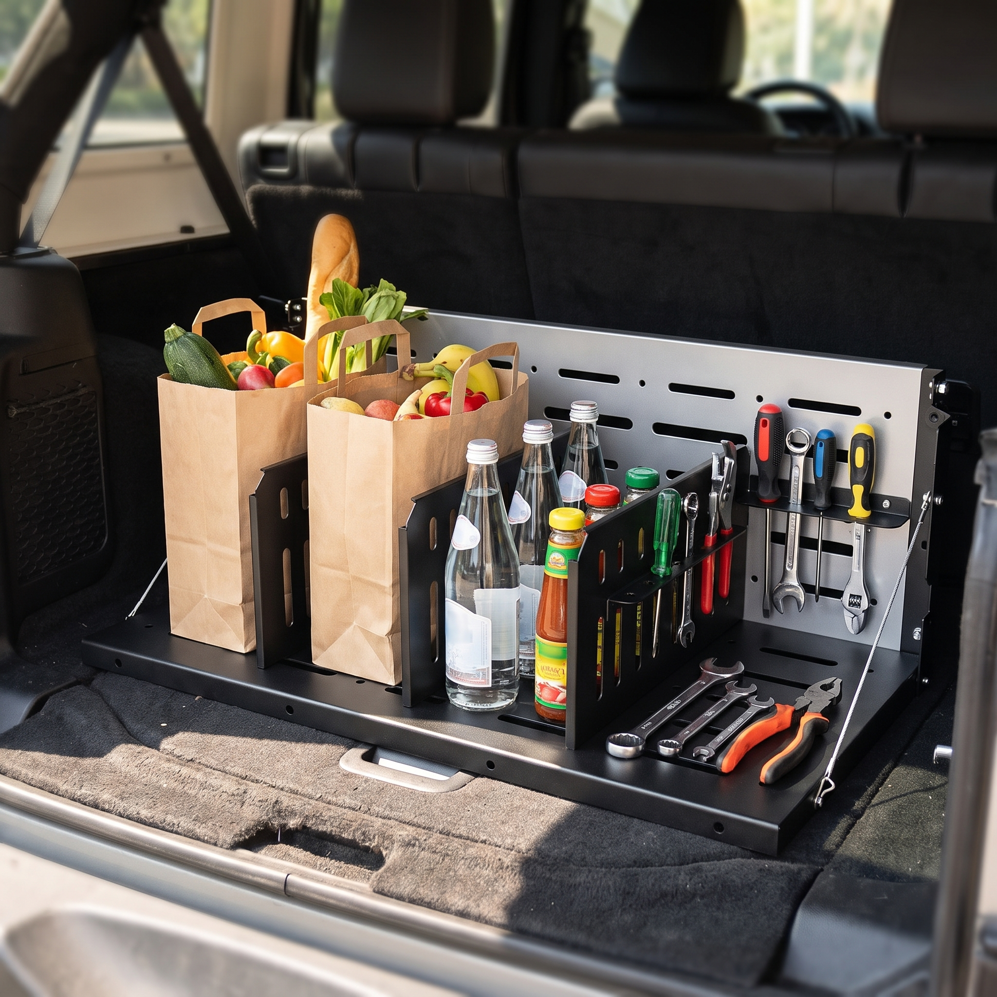 Car trunk organizer holding groceries upright in a boot