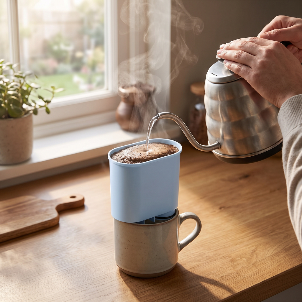Person brewing fresh coffee with the pour-over dripper