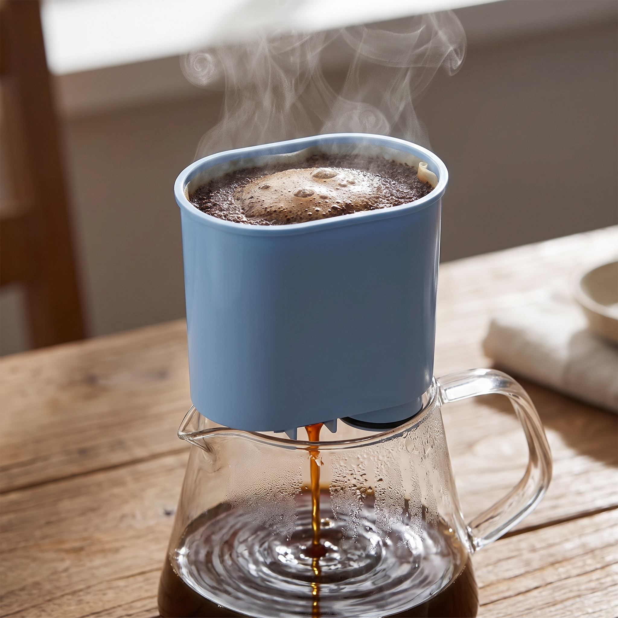 Coffee dripping through the pour-over into a carafe