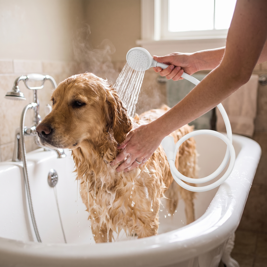 Person rinsing a dog with the handheld shower hose attachment