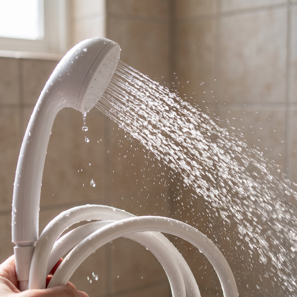 Handheld shower head spraying an even flow of water