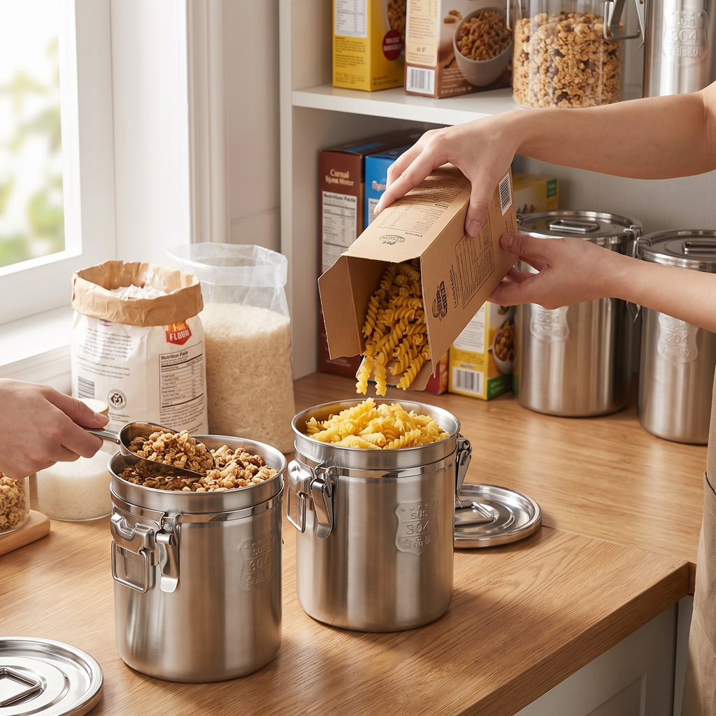 Person filling airtight food storage containers to organise a pantry