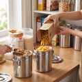 Person filling airtight food storage containers to organise a pantry