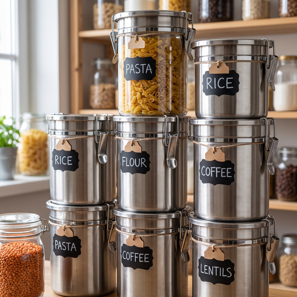Airtight containers lined up neatly in an organised pantry