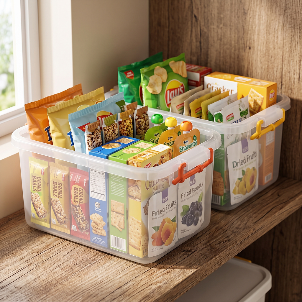 Clear pantry bins filled with organised snacks on a shelf