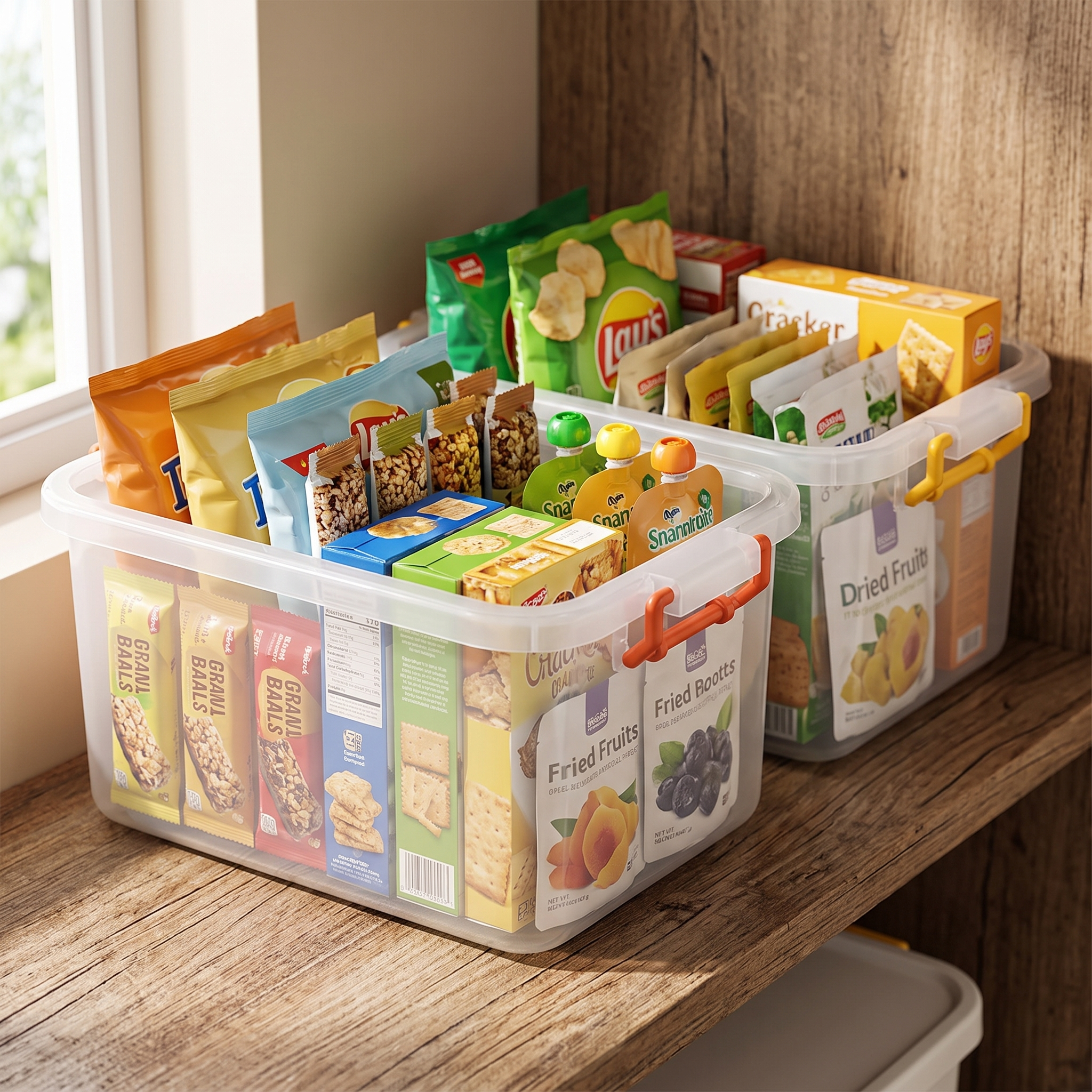 Clear pantry bins filled with organised snacks on a shelf