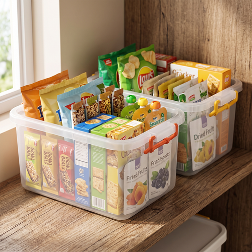 Clear pantry bins filled with organised snacks on a shelf