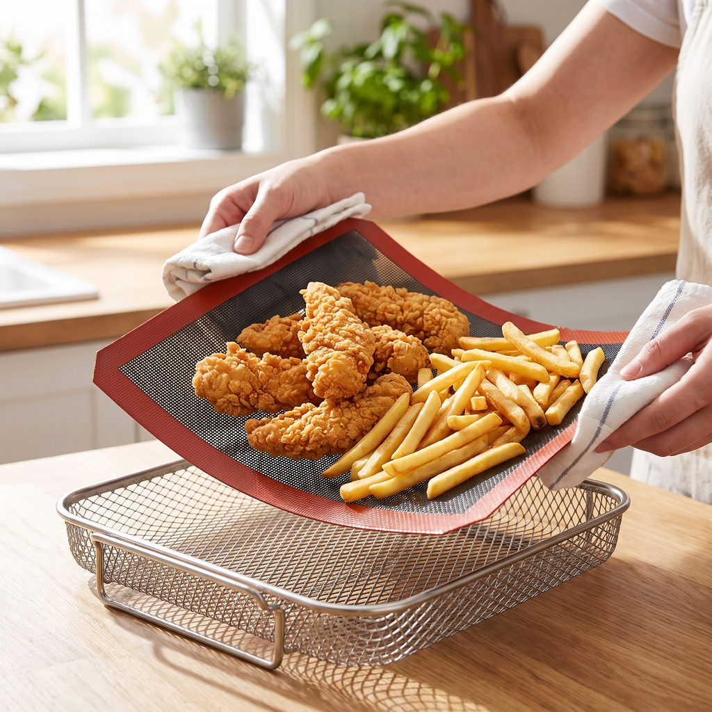 Person lifting food out on the silicone air fryer liner, basket stays clean