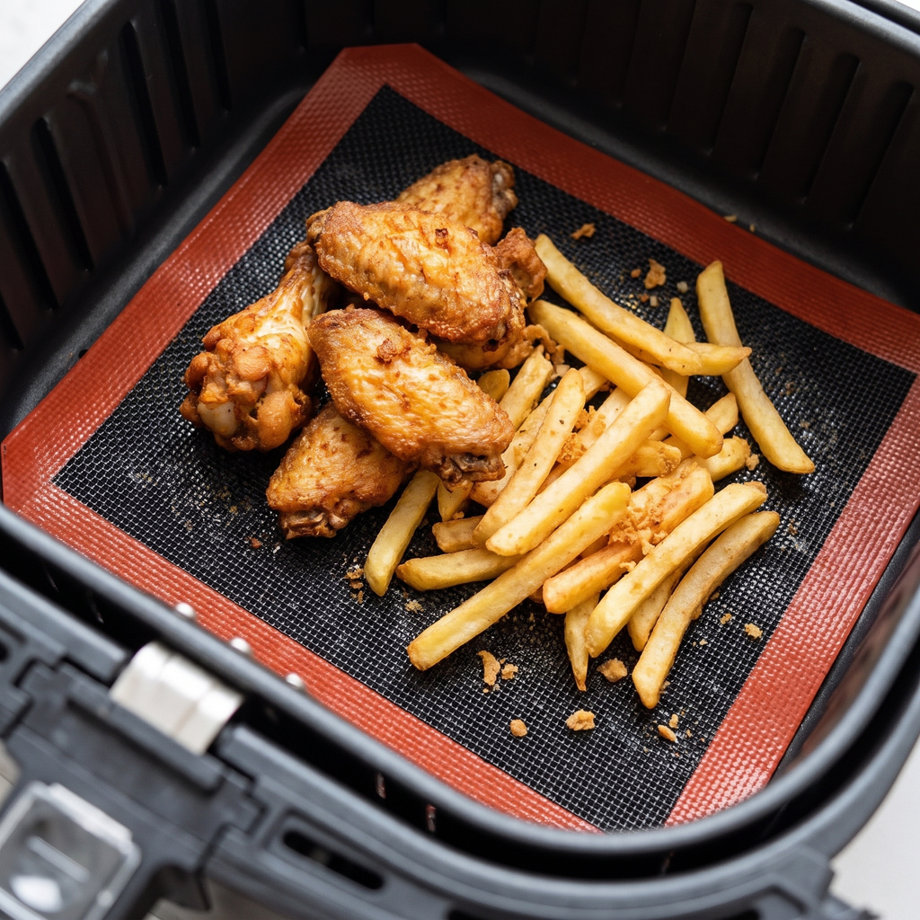 Silicone air fryer liner in a basket with crispy food, no grease