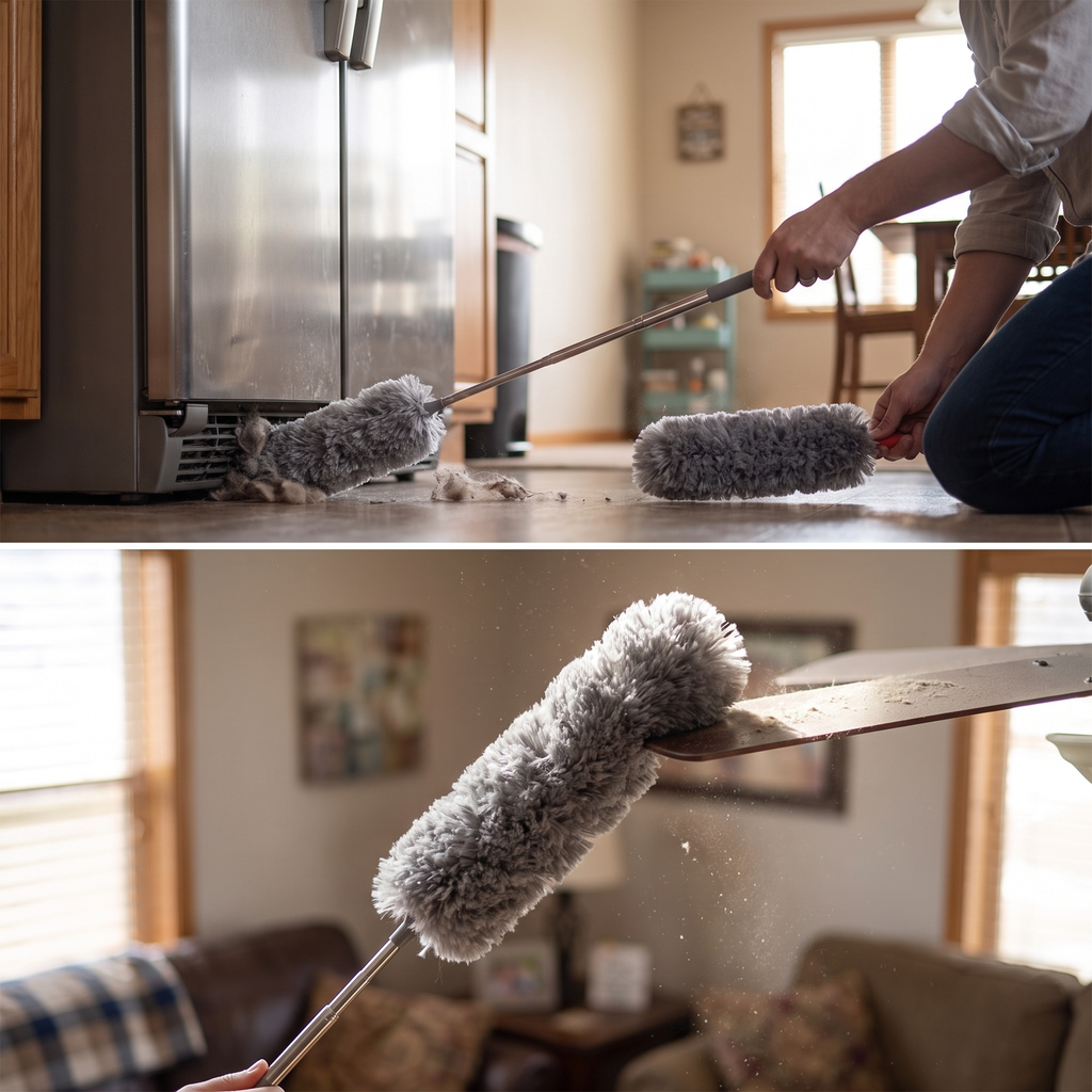 Person cleaning dust from a tight gap with the extendable duster