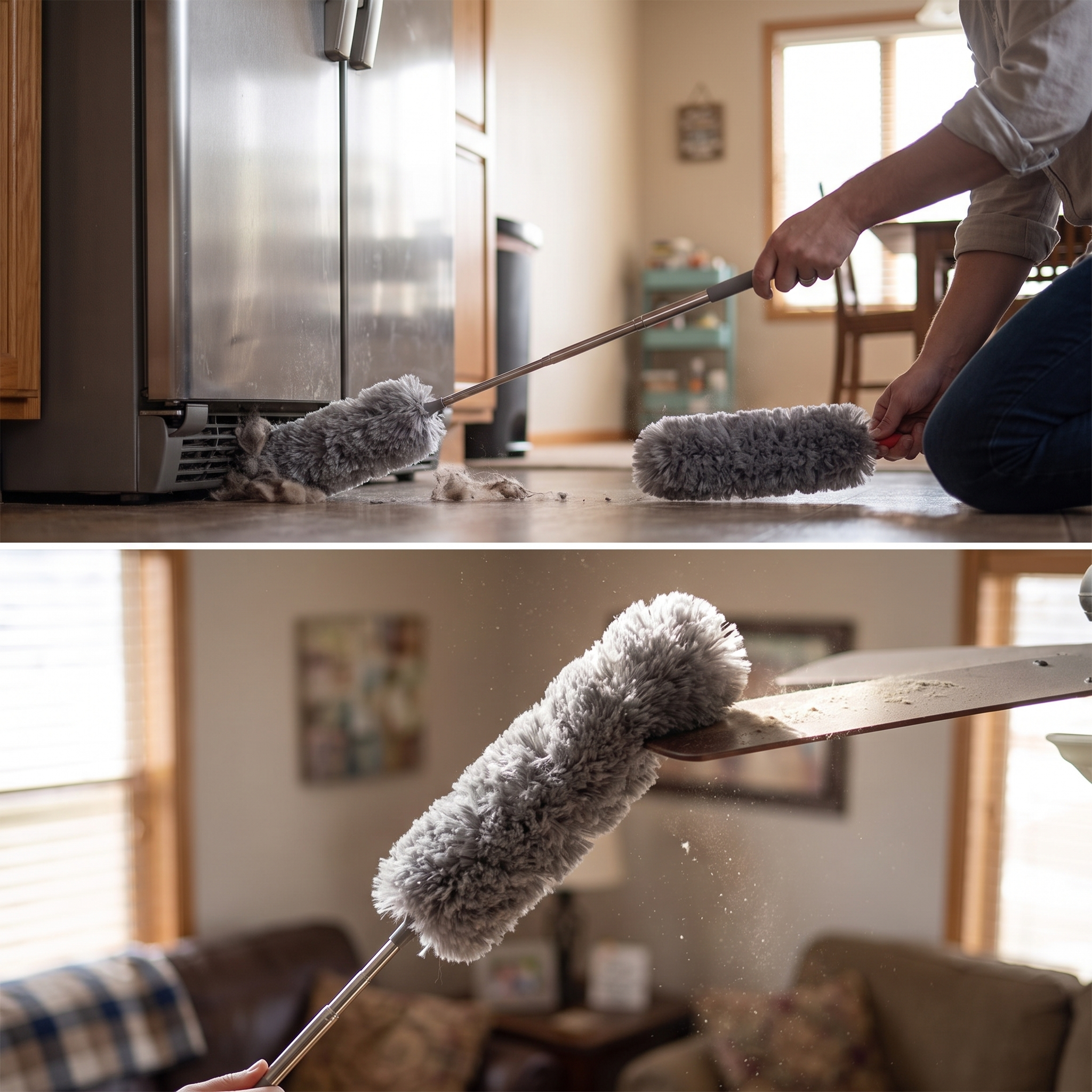 Person cleaning dust from a tight gap with the extendable duster