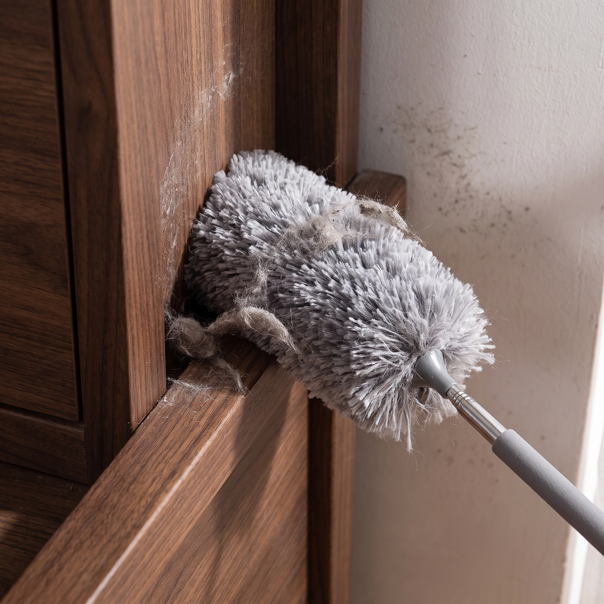 Slim duster grabbing dust from a narrow gap behind furniture