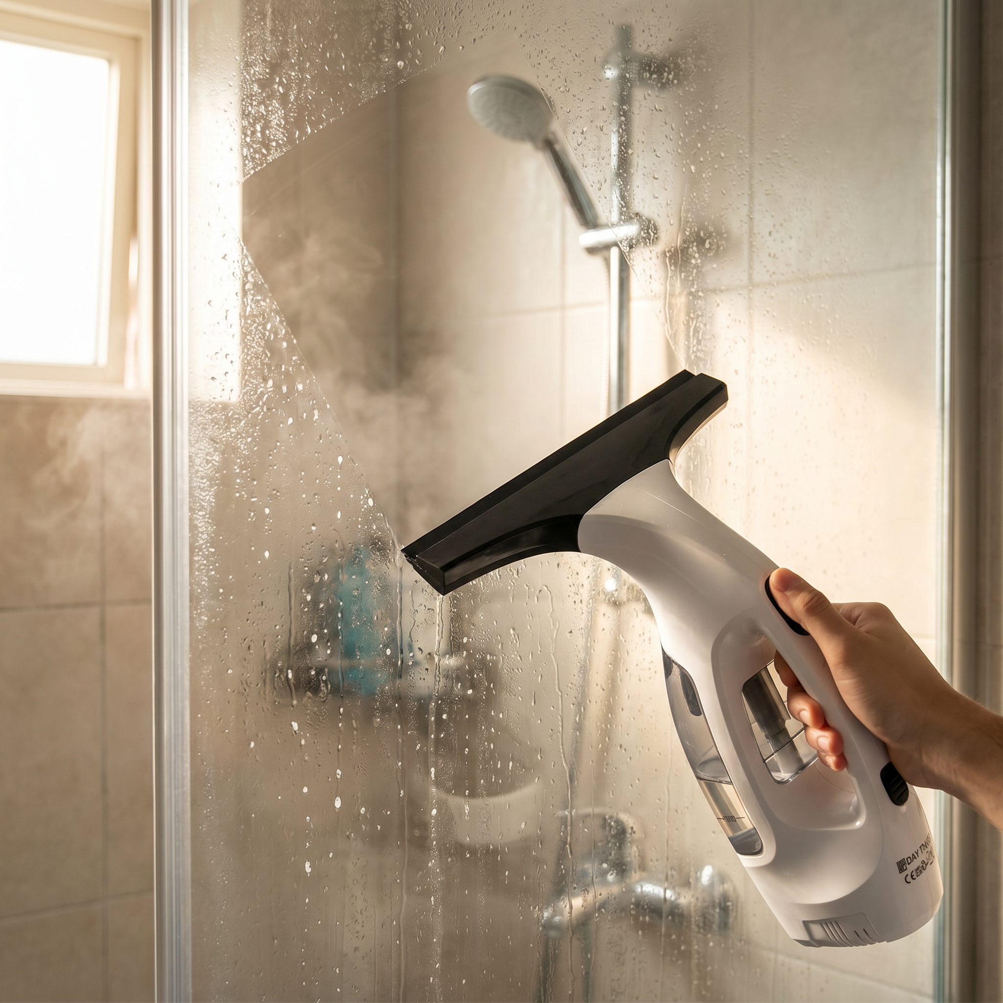 Person squeegeeing a shower glass door streak-free