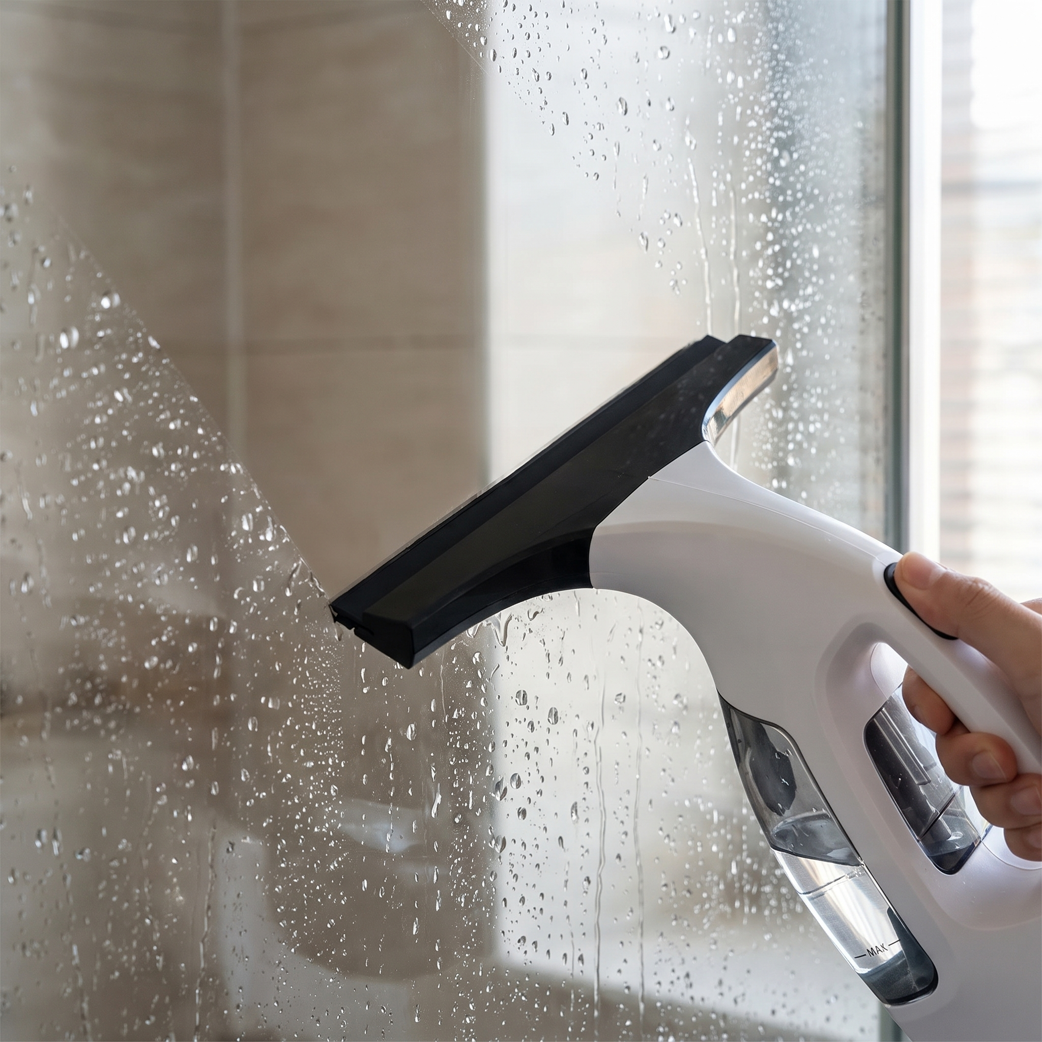 Shower squeegee clearing water off glass leaving a clean stripe
