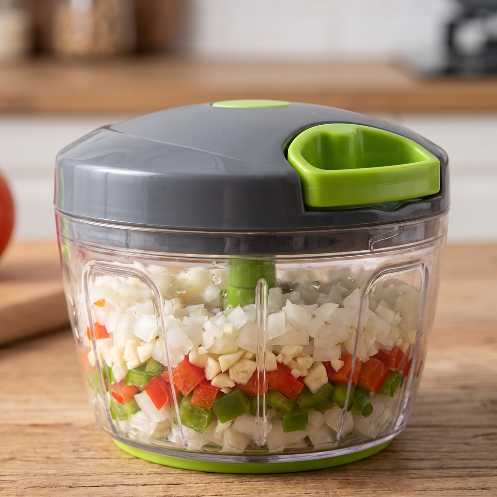 Pull-string chopper bowl full of diced vegetables