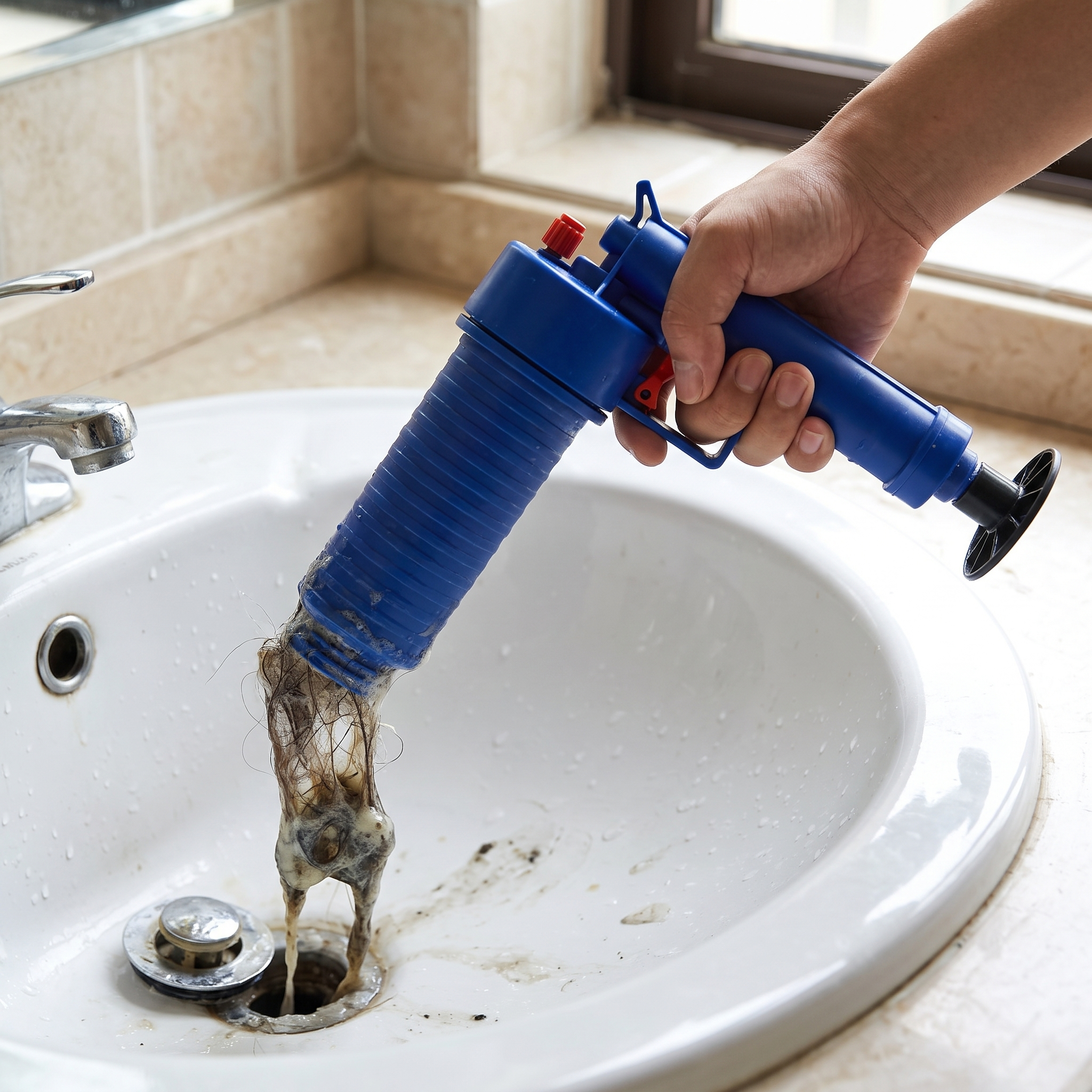 Person clearing a clogged drain of hair with the drain snake