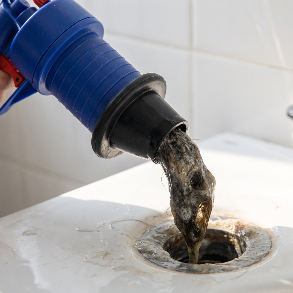 Flexible drain snake pulling hair from a plughole
