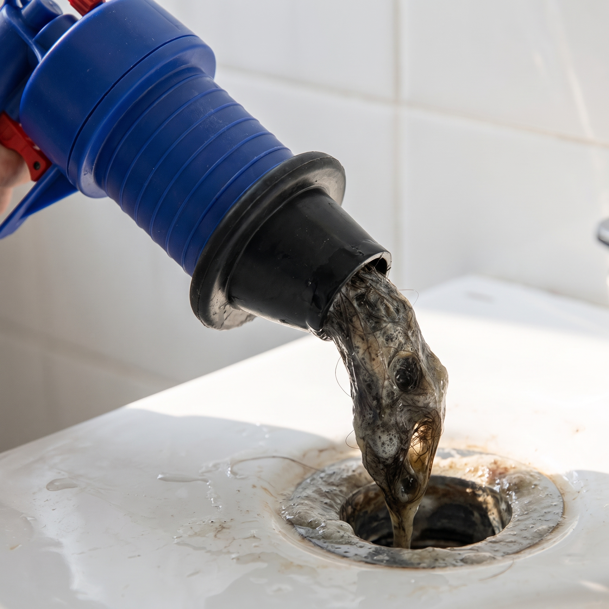 Flexible drain snake pulling hair from a plughole