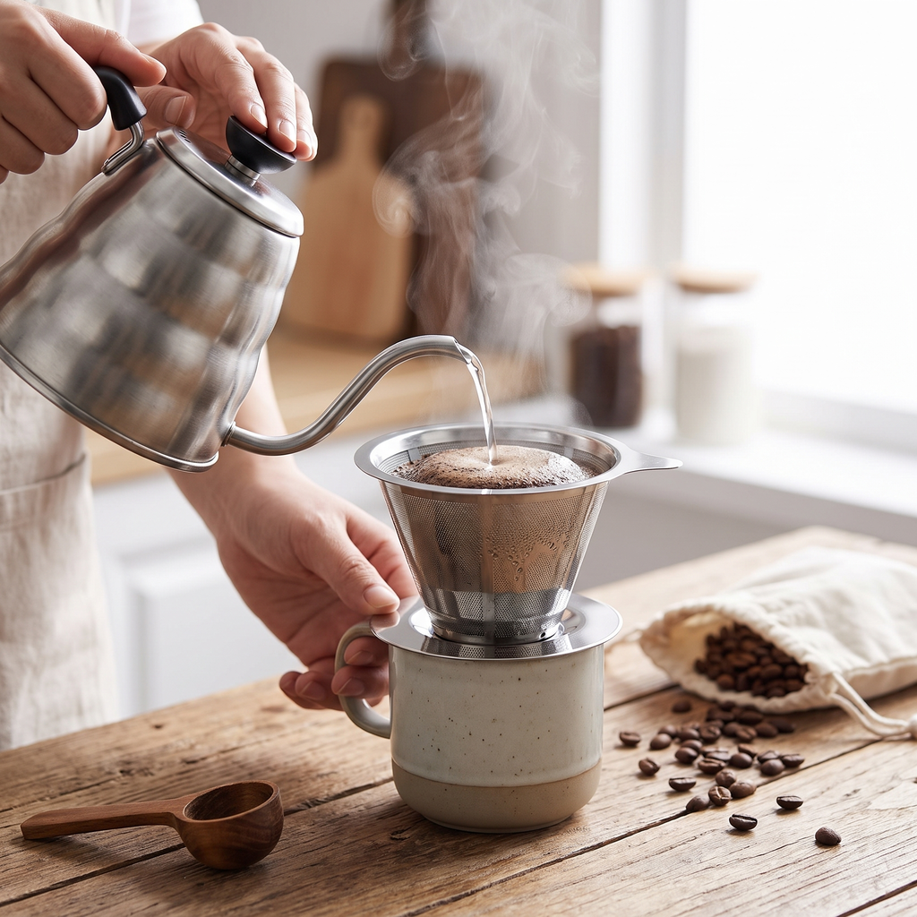 Person brewing coffee with the reusable stainless steel filter