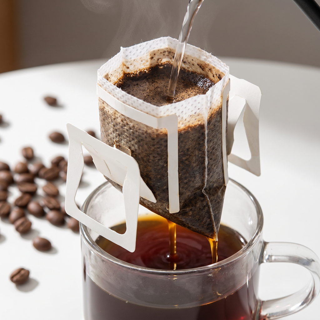 Reusable mesh coffee filter with grounds, coffee dripping