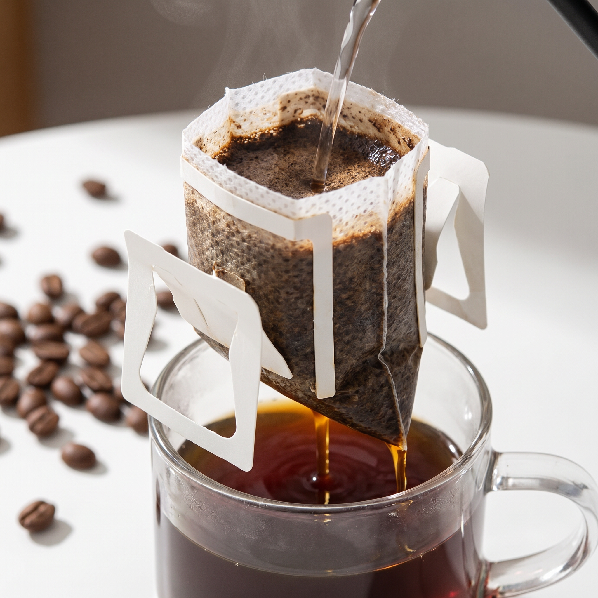 Reusable mesh coffee filter with grounds, coffee dripping