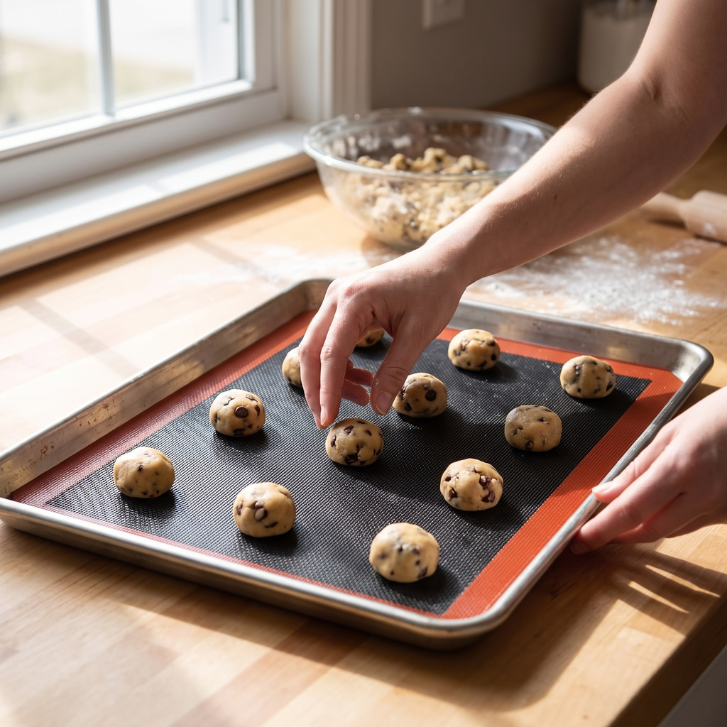 Person baking on the reusable silicone mat, nothing sticks