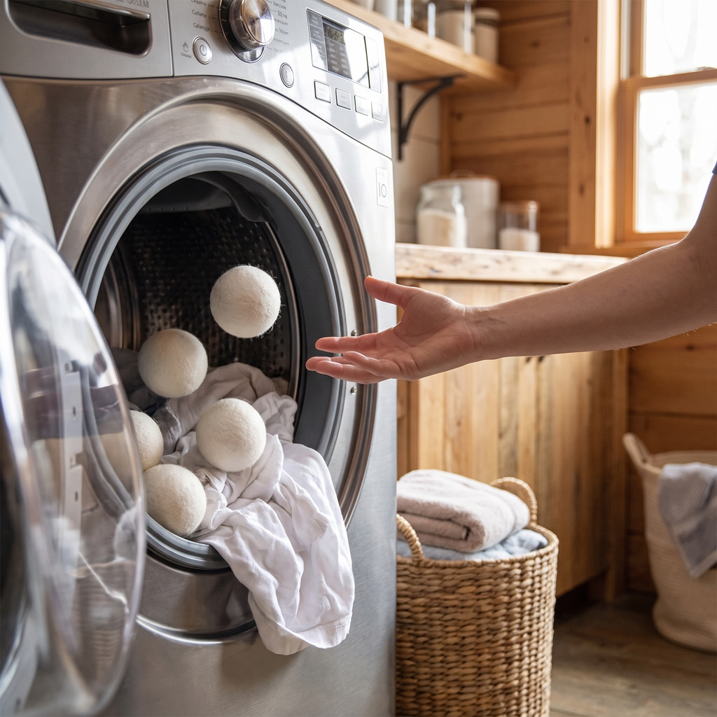 Person adding wool dryer balls to laundry to cut drying time and static
