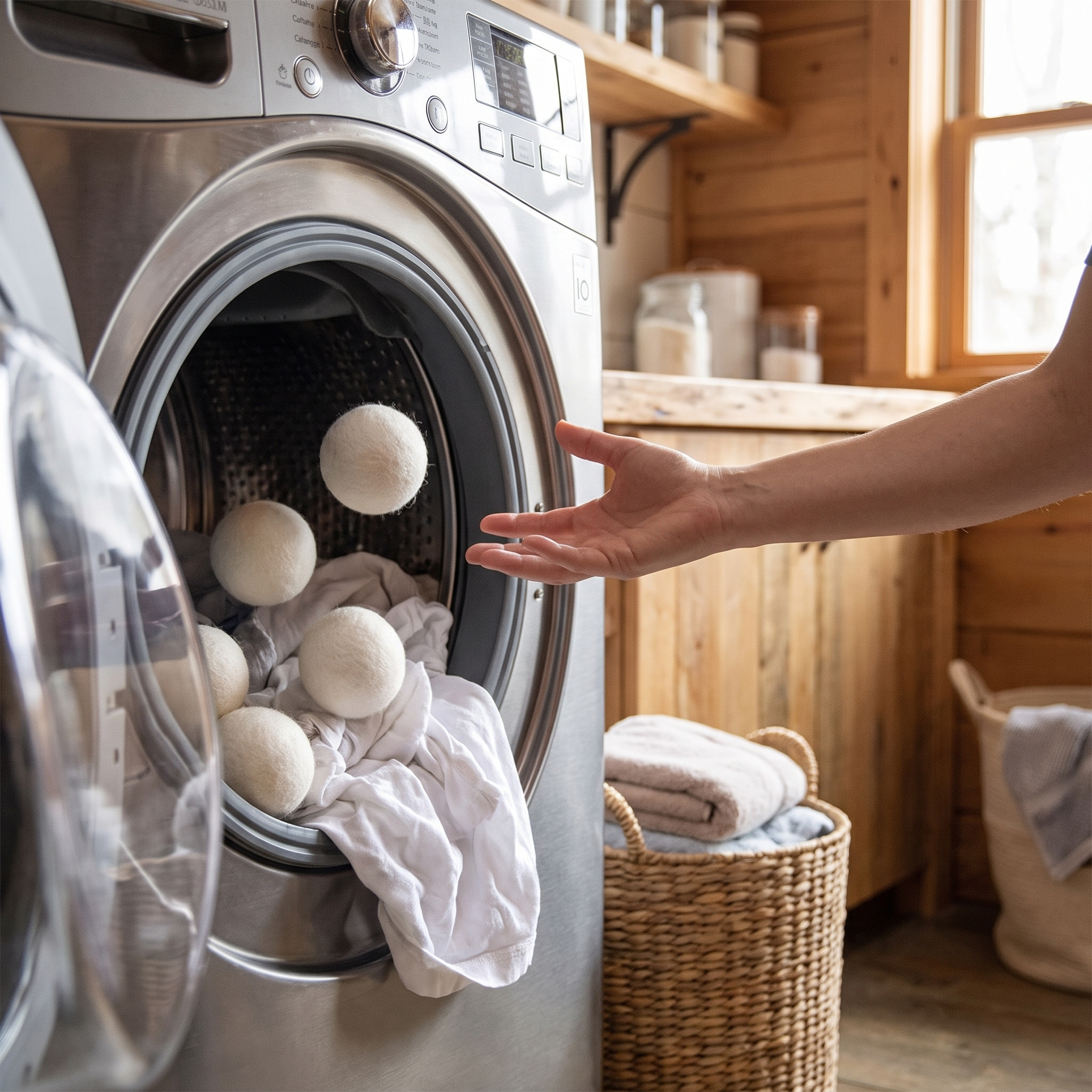 Person adding wool dryer balls to laundry to cut drying time and static