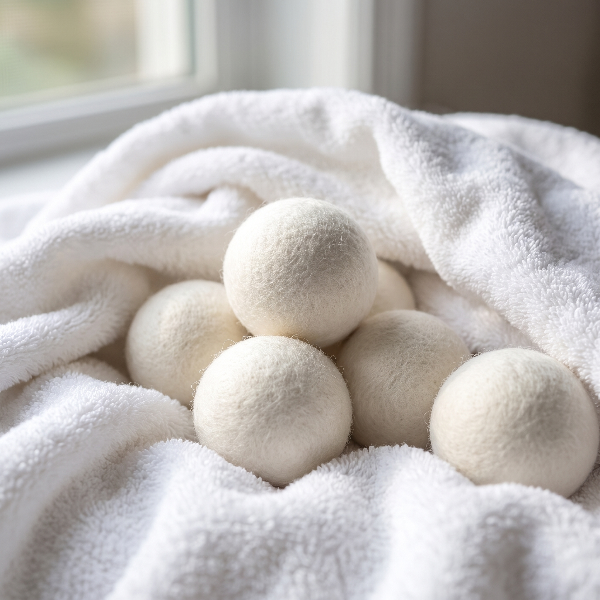 Wool dryer balls among soft fluffy towels