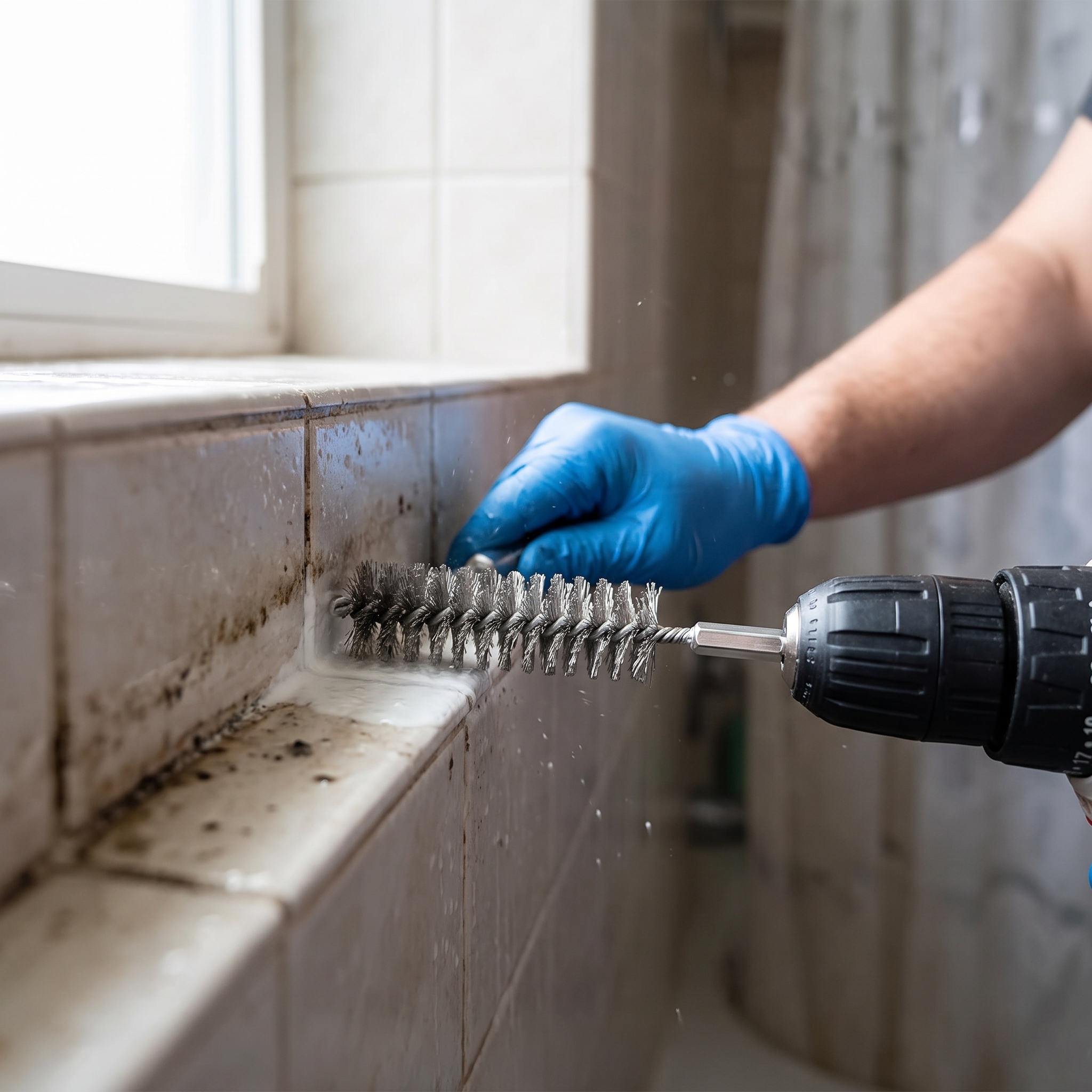 Person scrubbing tile grout white with the grout cleaning brush