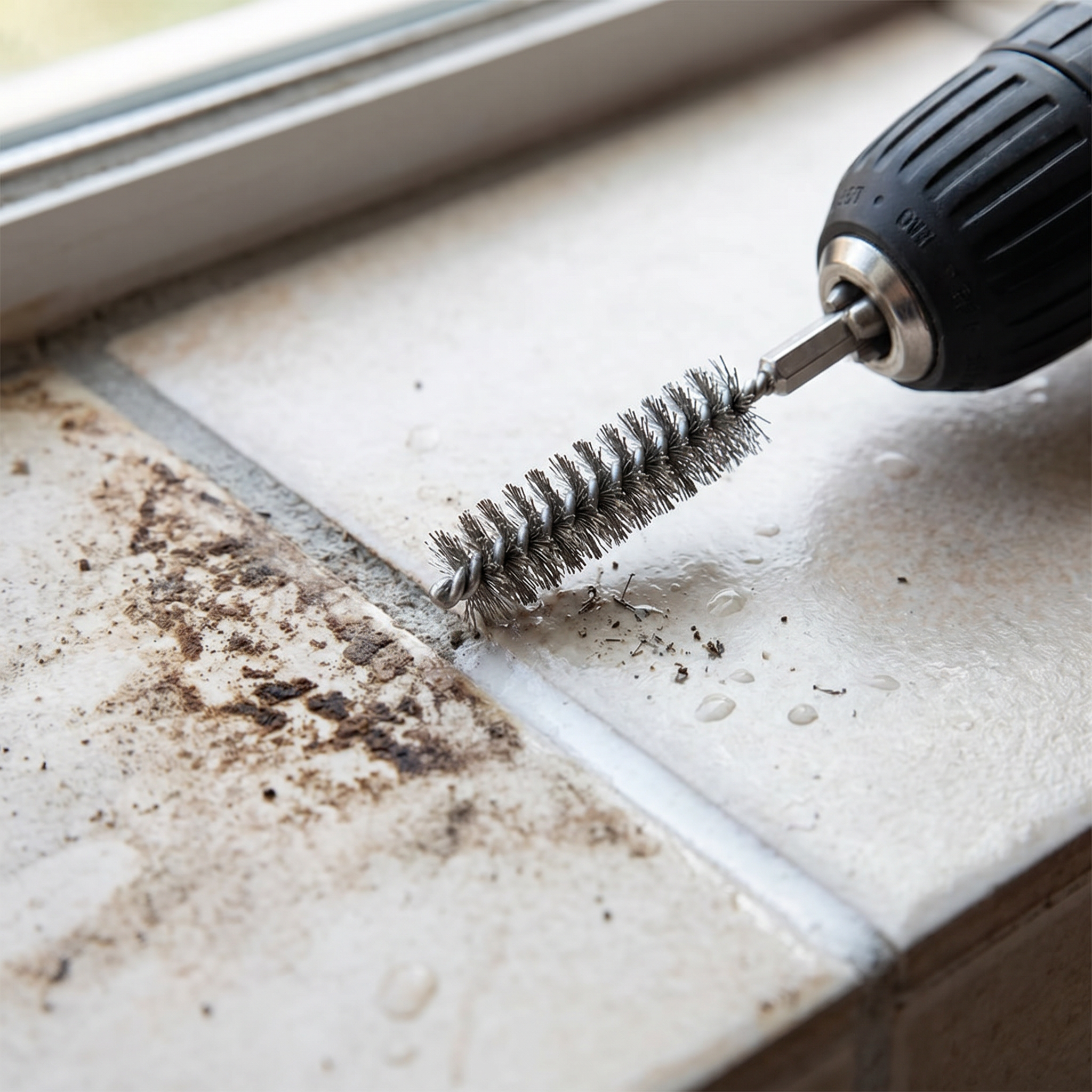 Grout brush scrubbing a tile seam from grimy to bright white