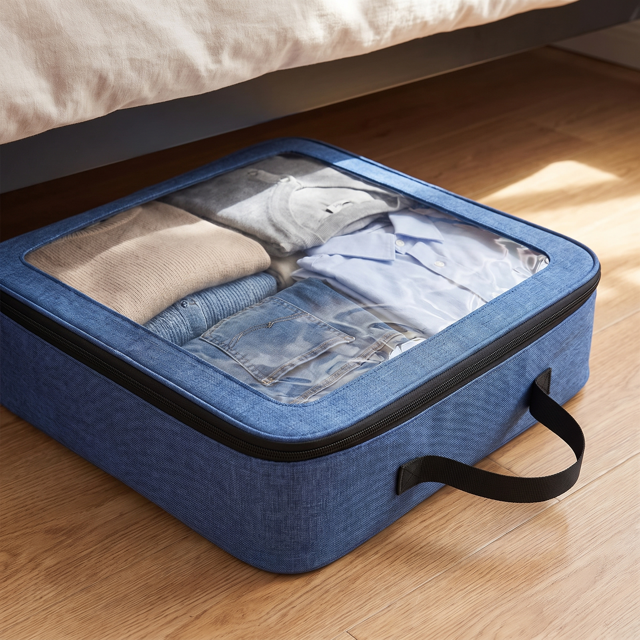 Clear-window under-bed storage bag full of folded clothes